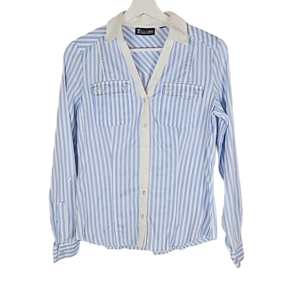 7th Avenue Classic Pinstripe Dress Shirt Light Blue, White Trim, Women's XS - Picture 1 of 6